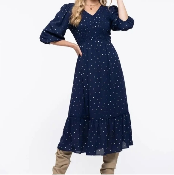 BY THE RIVER Blue & Gold Polkadot V-Neck Tiered Midi Dress - Picture 3 of 13